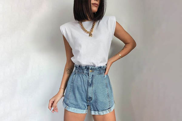 Muscle tee with paperbag denim shorts & gold link chain