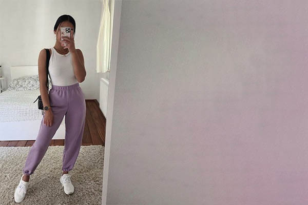 Pastel joggers with white top & sneakers